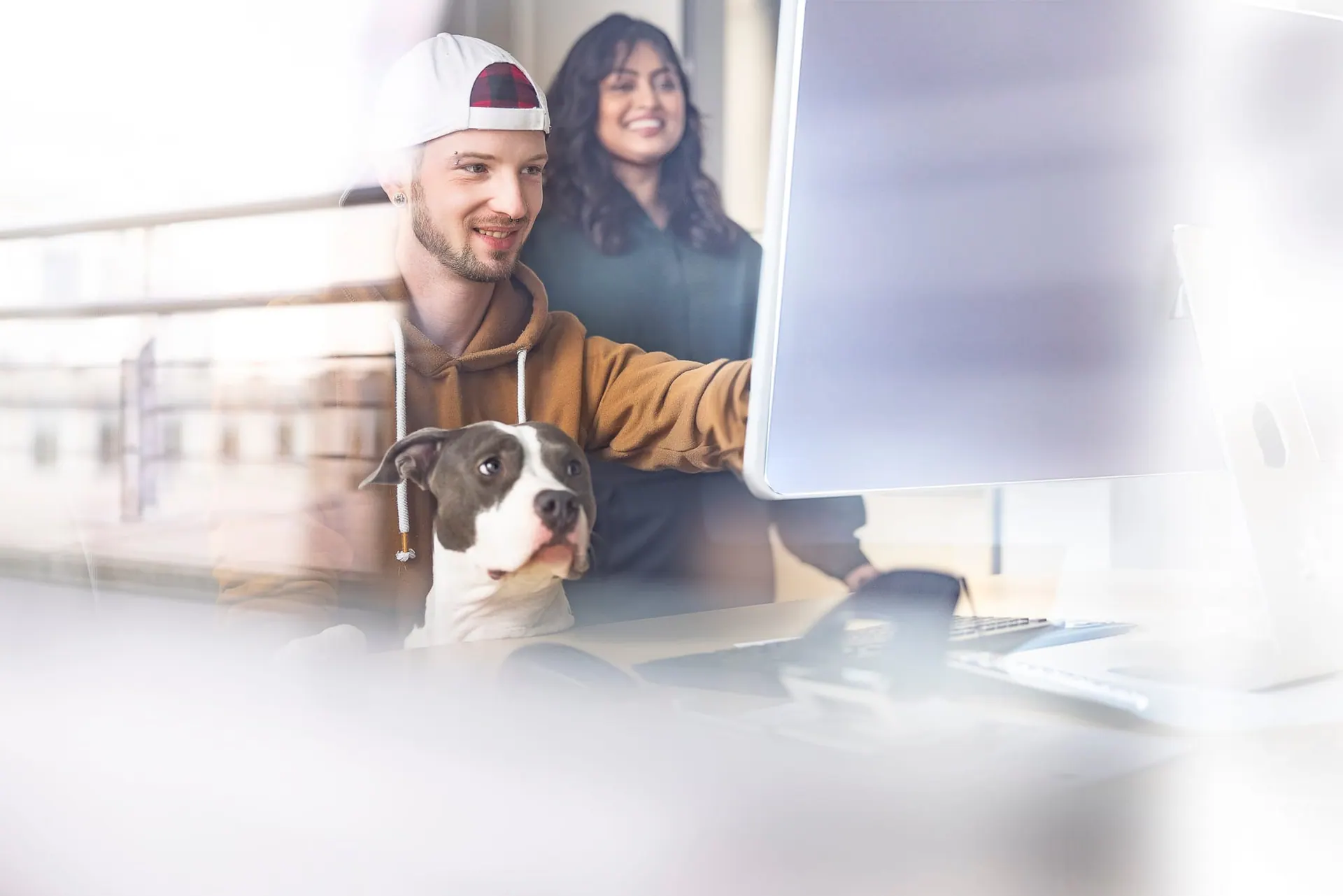 Zwei Mitarbeitende am Bildschirm, davor ein Hund