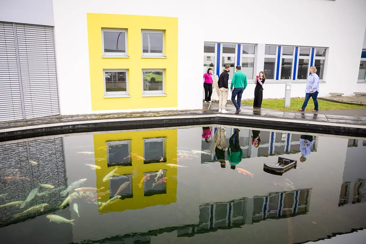Außenbecken spiegelt eine gelbe Fensterfassade