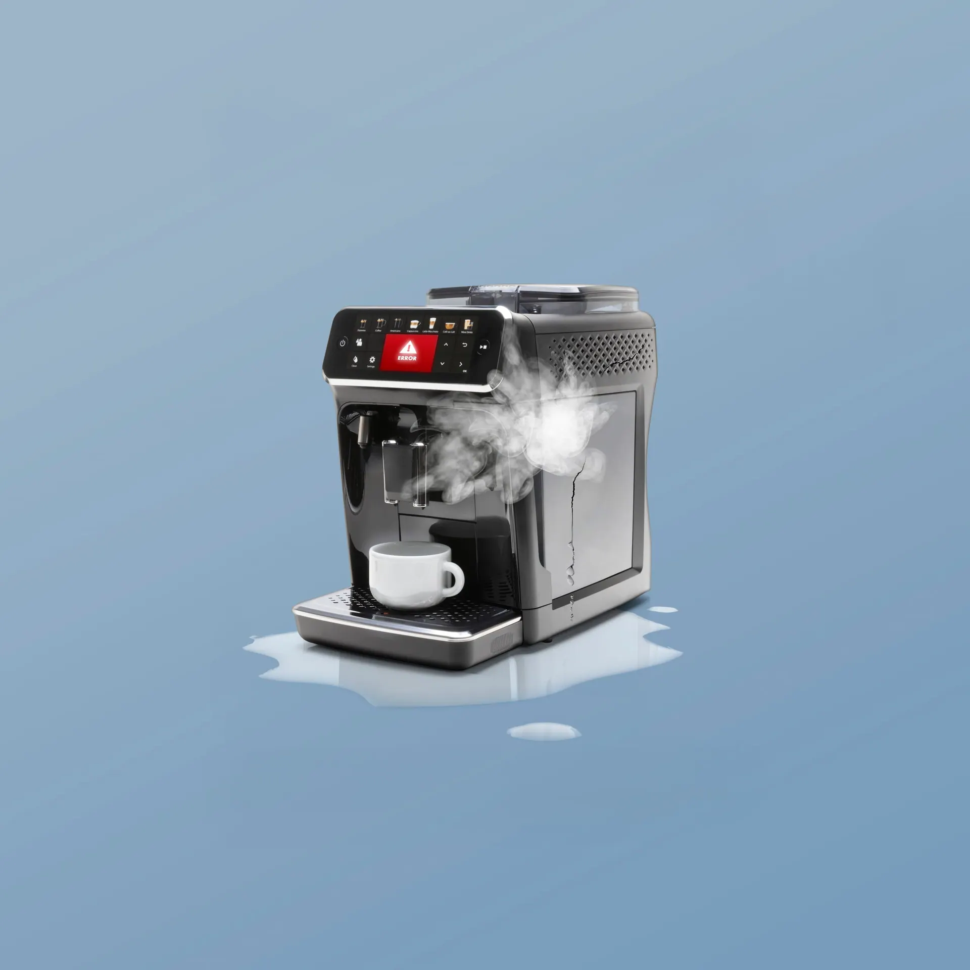 Freigestellter Kaffeevollautomat vor hellblauem Hintergrund